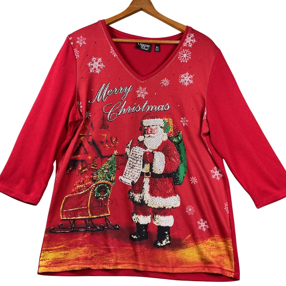 Onque Casual Top Women XL Red Merry Christmas Santa Rhinestone 3/4 Sleeve V-Neck